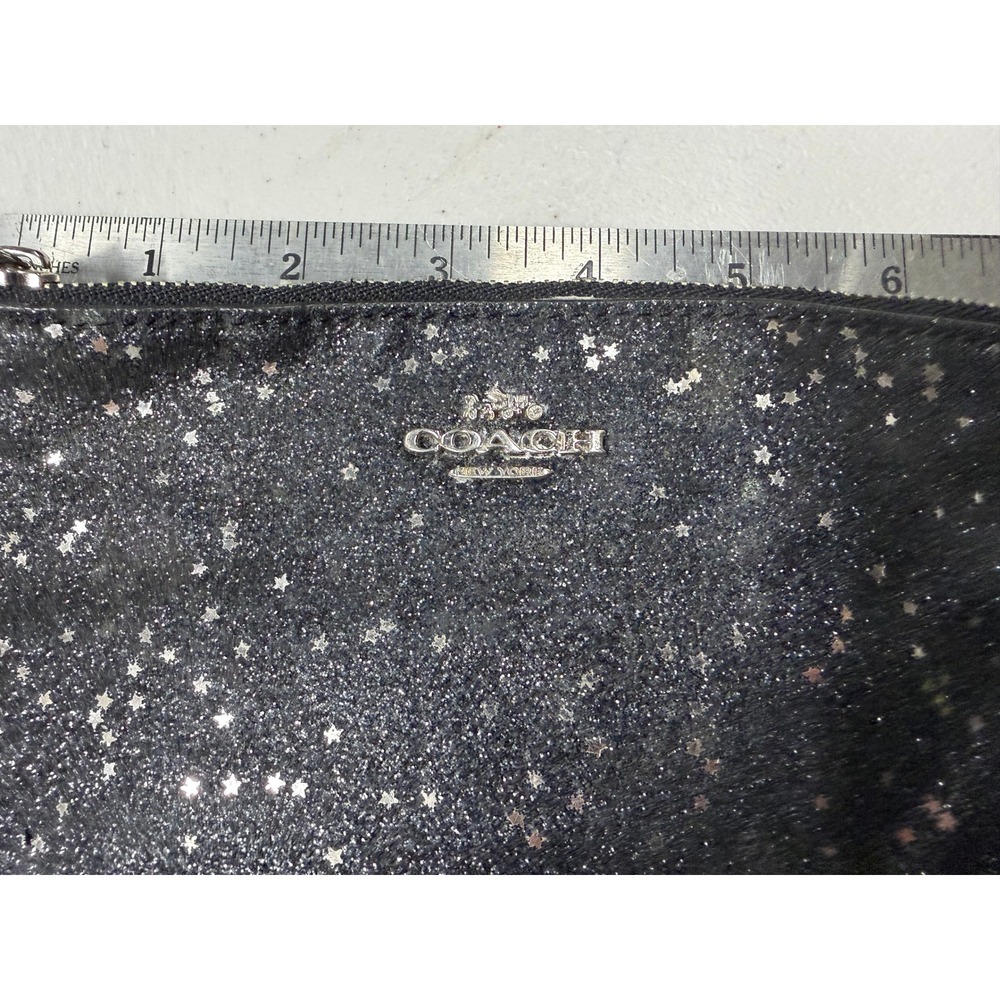 Coach Small Wristlet Black Leather Silver Glitter Star Zip Pouch Bag 24474